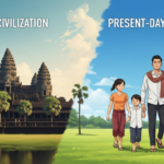 ภาพประกอบชุด "เขมร ไม่ใช่ ขอม: ก้าวข้ามอดีตสู่อนาคต" ภาพที่ 1: "อารยธรรมโบราณ" และ "ชาติพันธุ์ปัจจุบัน" แนวคิด: ภาพที่เปรียบเทียบเงาของอาณาจักรขอมโบราณ (นครวัดในโทนสีเก่า) กับชาวเขมรยุคปัจจุบันที่มองไปสู่อนาคตที่สดใส เพื่อสื่อว่าพวกเขาคือ "ทายาท" ไม่ใช่สิ่งเดียวกัน