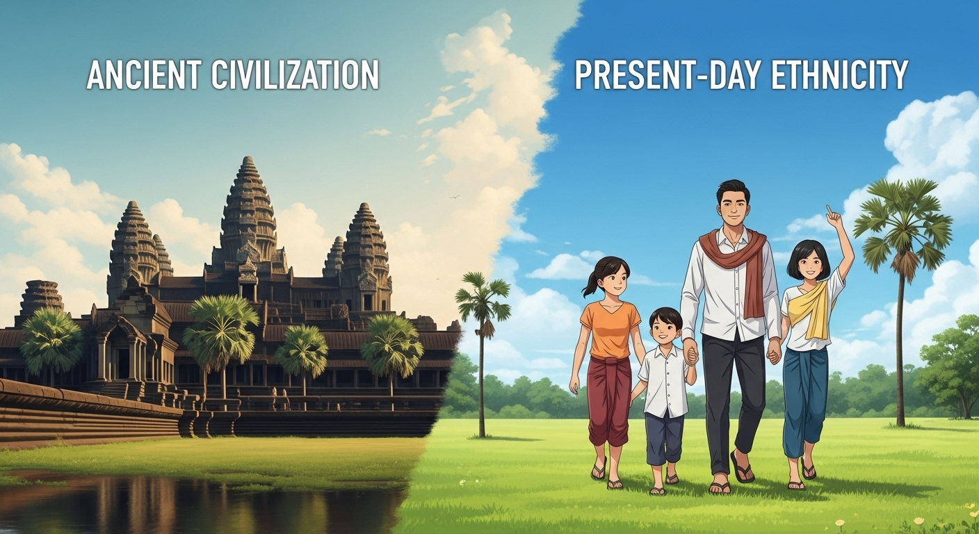 ภาพประกอบชุด "เขมร ไม่ใช่ ขอม: ก้าวข้ามอดีตสู่อนาคต" ภาพที่ 1: "อารยธรรมโบราณ" และ "ชาติพันธุ์ปัจจุบัน" แนวคิด: ภาพที่เปรียบเทียบเงาของอาณาจักรขอมโบราณ (นครวัดในโทนสีเก่า) กับชาวเขมรยุคปัจจุบันที่มองไปสู่อนาคตที่สดใส เพื่อสื่อว่าพวกเขาคือ "ทายาท" ไม่ใช่สิ่งเดียวกัน