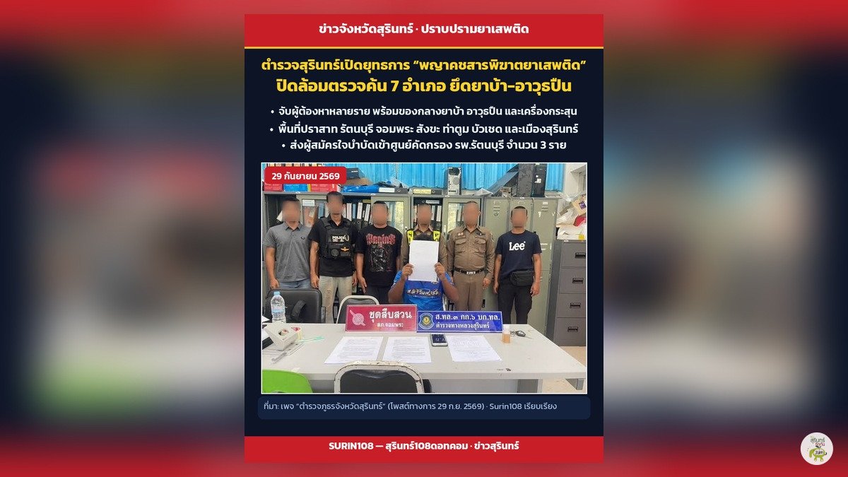 การ์ดข่าว Surin108: ตำรวจสุรินทร์ปิดล้อมตรวจค้นยาเสพติด 7 อำเภอ