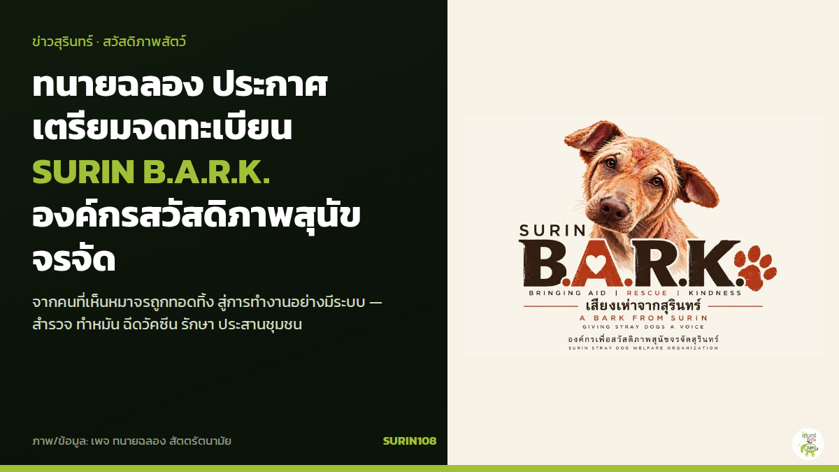 ทนายฉลอง ประกาศจดทะเบียน SURIN B.A.R.K. องค์กรสวัสดิภาพสุนัขจรจัดสุรินทร์