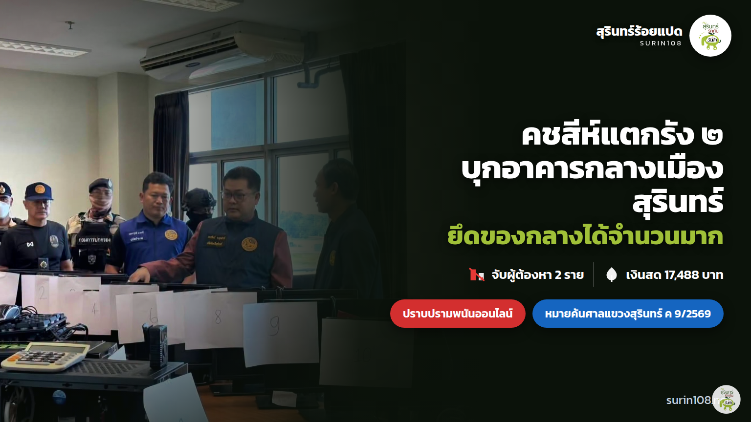 คชสีห์แตกรัง ๒ บุกอาคารกลางเมืองสุรินทร์ ยึดของกลางได้จำนวนมาก ปกข่าวสุรินทร์ร้อยแปด