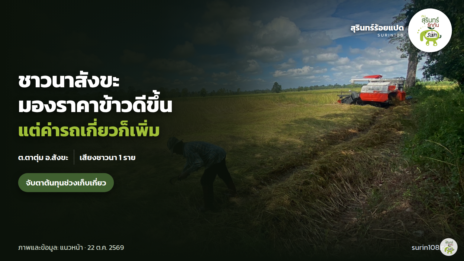 ภาพประกอบข่าว: ชาวนาสังขะมองราคาข้าวดีขึ้น แต่ค่าจ้างรถเกี่ยวขยับ