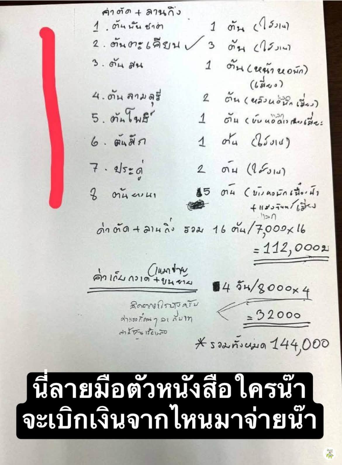 ภาพกระดาษจดลายมือค่าใช้จ่ายในการตัดต้นไม้ใน มรภ.สุรินทร์