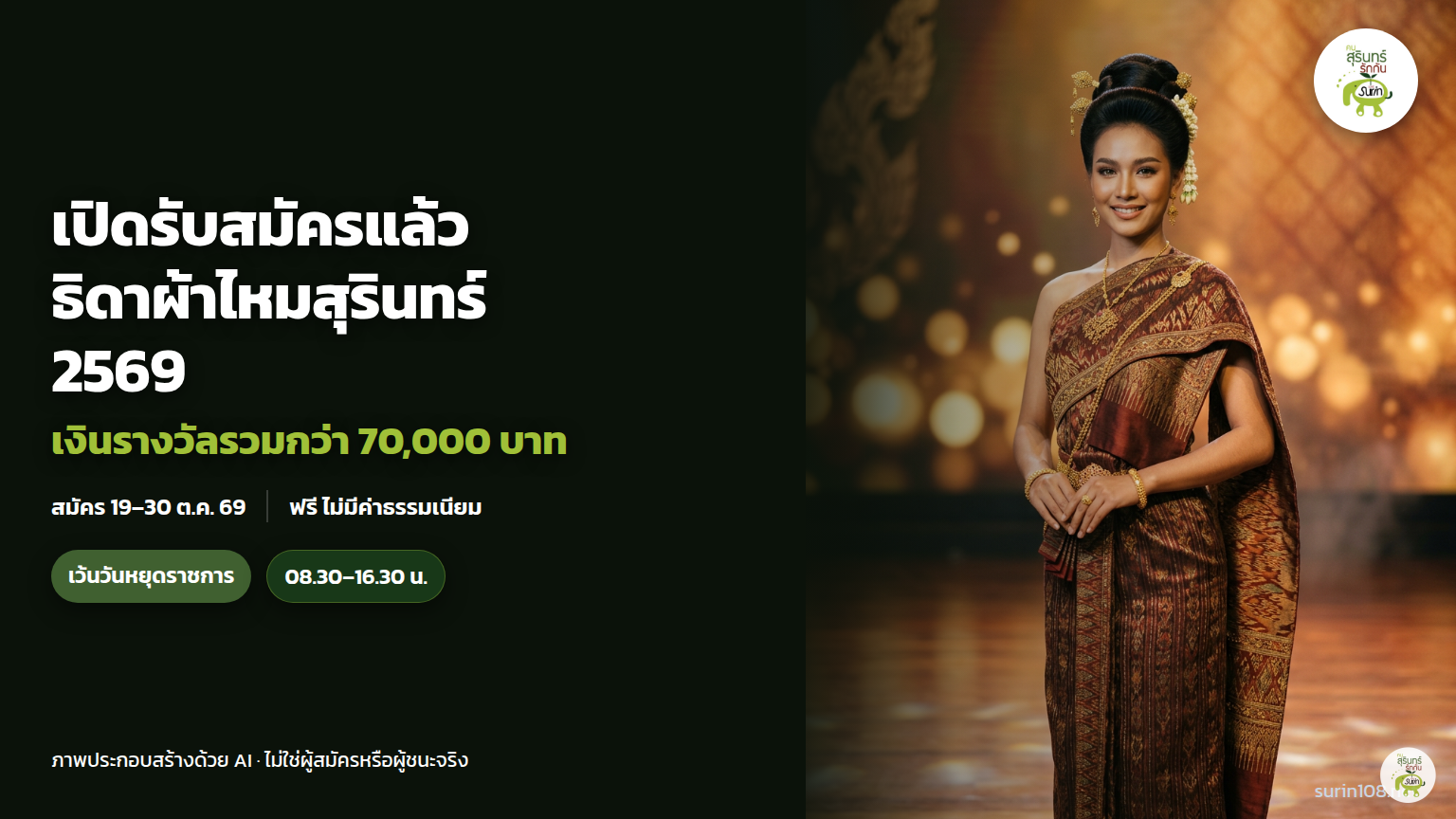 ภาพประกอบ AI: เปิดรับสมัครธิดาผ้าไหมสุรินทร์ 2569 ไม่ใช่ผู้สมัครหรือผู้ชนะจริง
